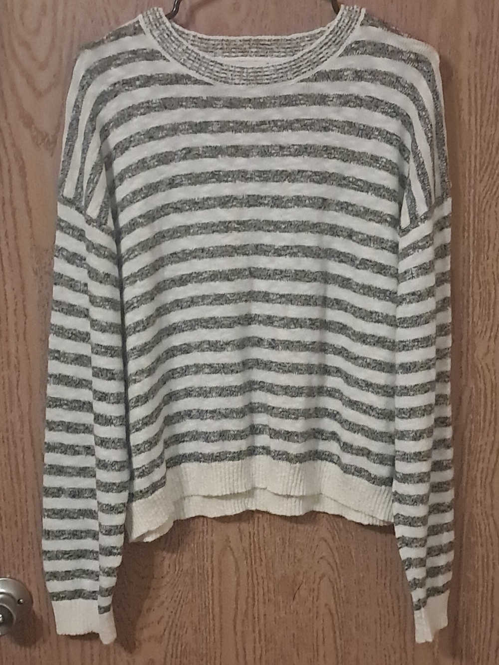 J. Crew Striped Crewneck Sweater in Ivory and Gray Heather Large